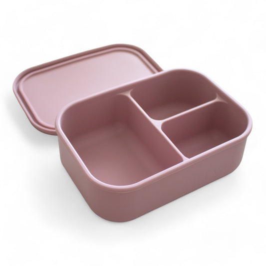 Reusable mauve silicone lunch box with compartments – plastic-free food storage Hobart Tasmania