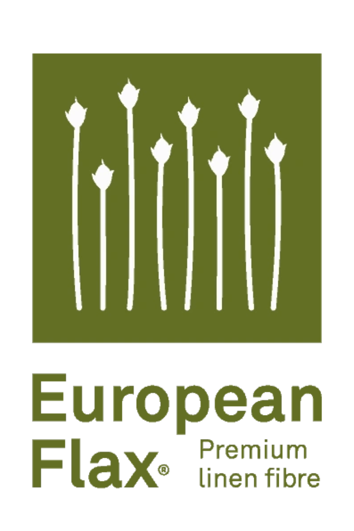 Logo of European Flax with white flax plants on a green background