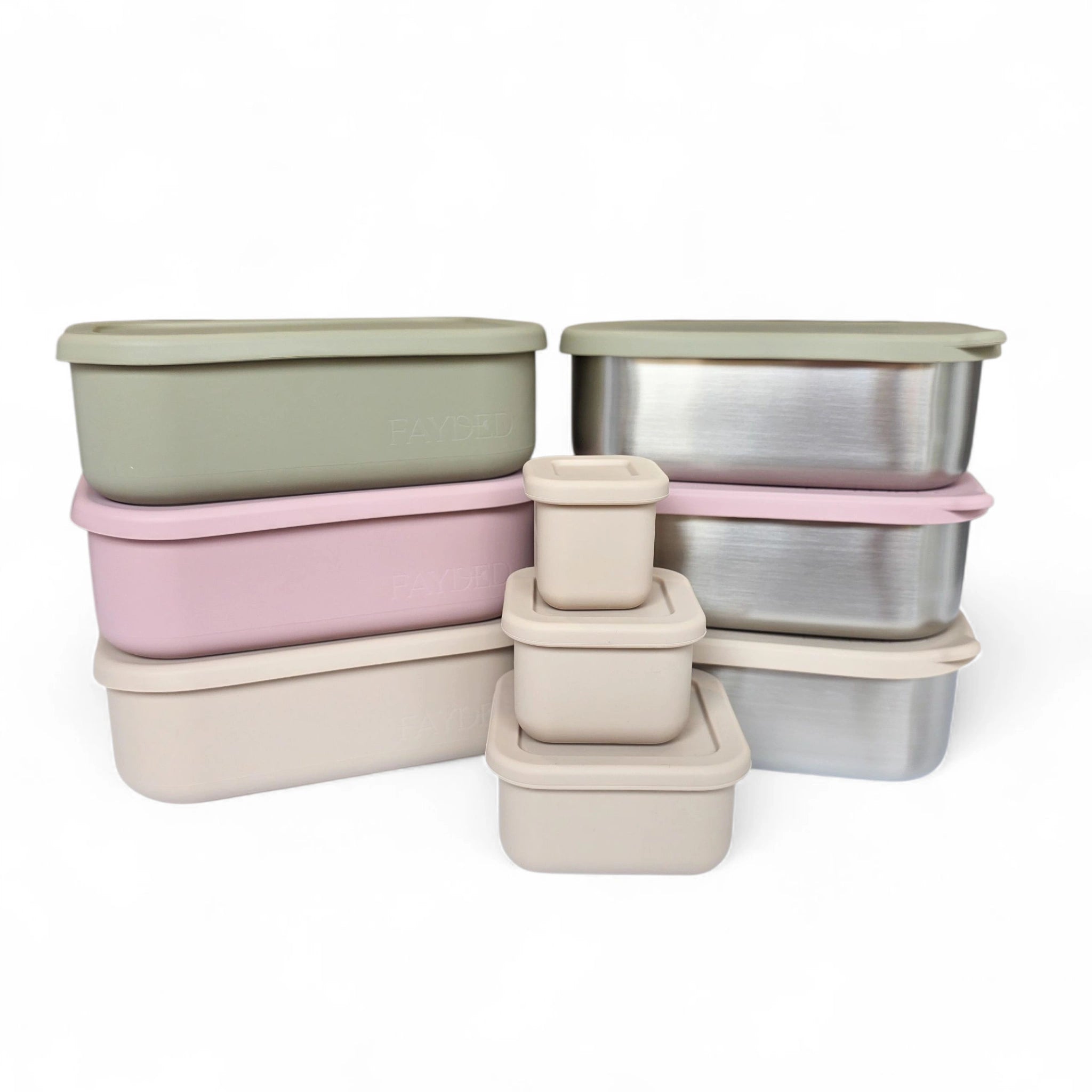 Silicone, stainless bento and snack box set in neutral muted tones