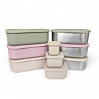 Silicone, stainless bento and snack box set in neutral muted tones