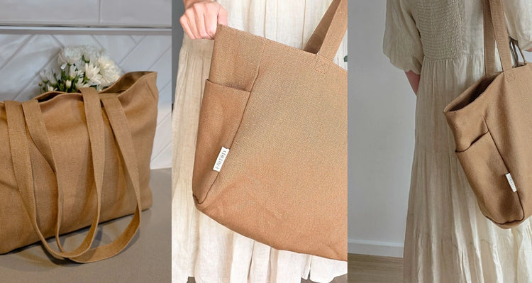 Collage of a brown tote bag with a visible brand label, held by a person wearing a beige dress.