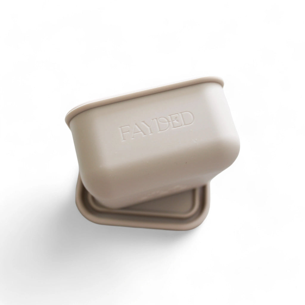 Beige silicone container with 'Fayded' branding on a white background
