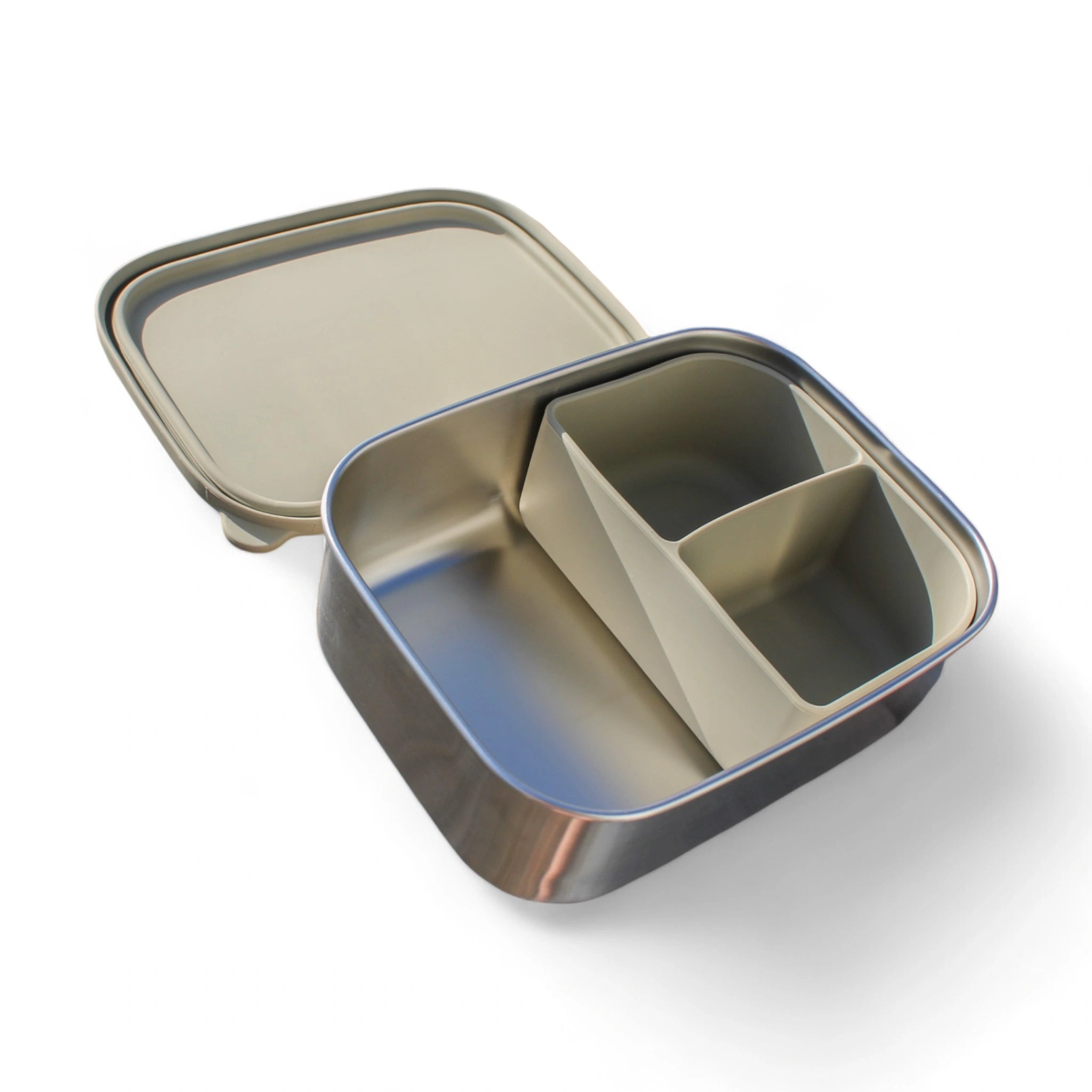 Olive green Stainless steel lunch & silicone bento lunch box white background