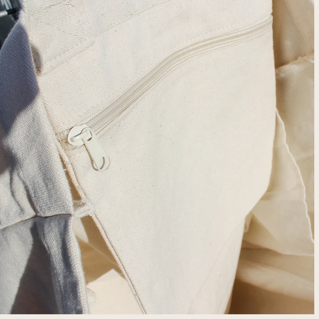 Close-up of a beige Market tote shopping bag with a zipper detail