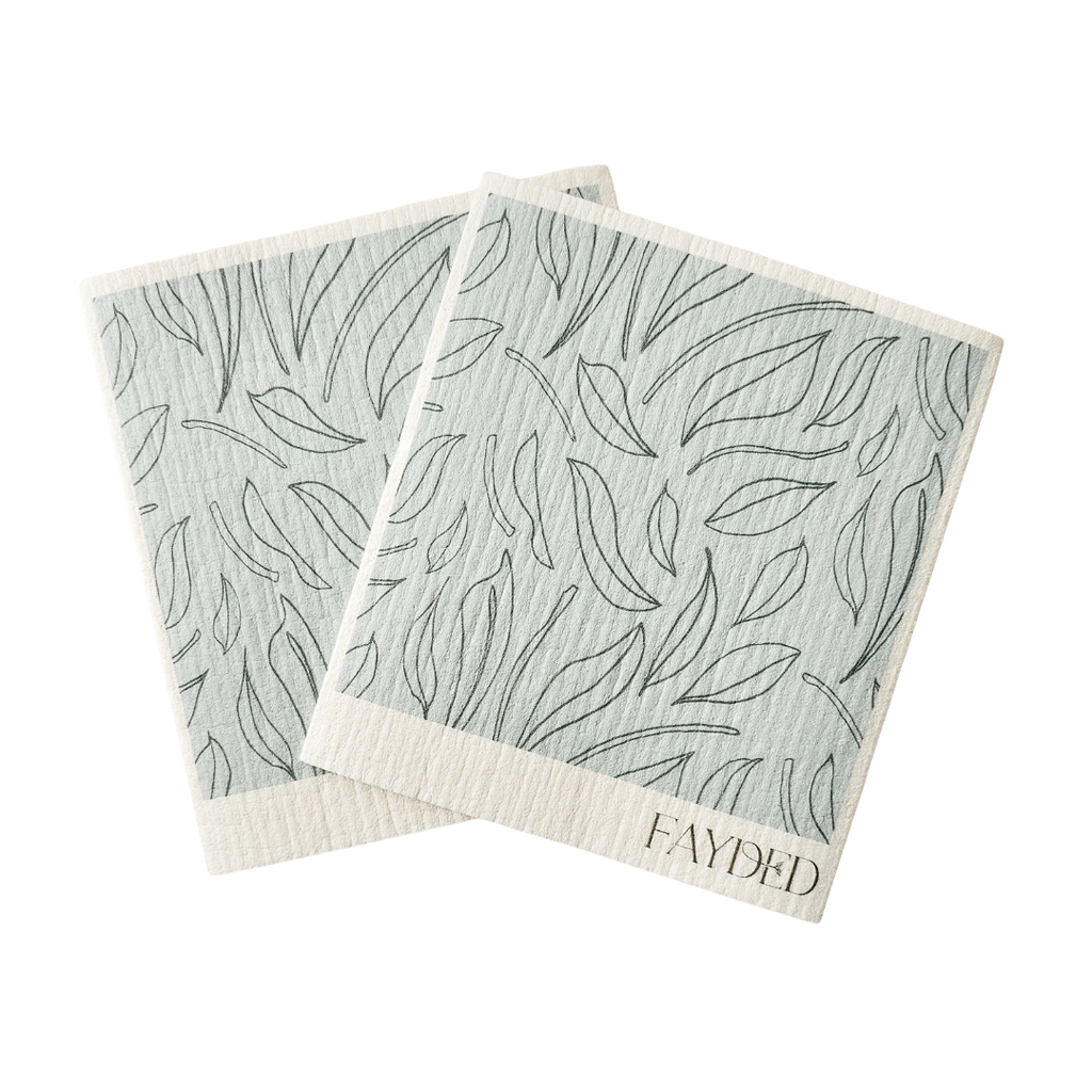 Two patterned dishcloths with 'Fayded' branding on a white background