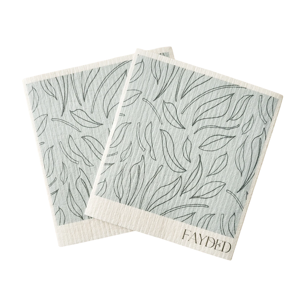 Two patterned dishcloths with 'Fayded' branding on a white background